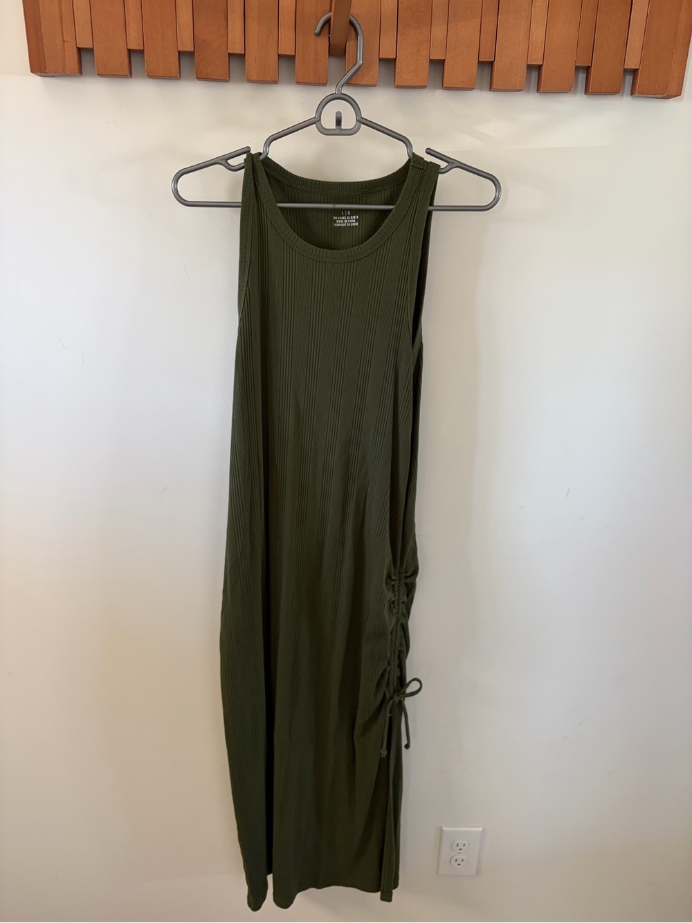 aerie Olive Green Ribbed Midi Dress with Side Ruched Tie